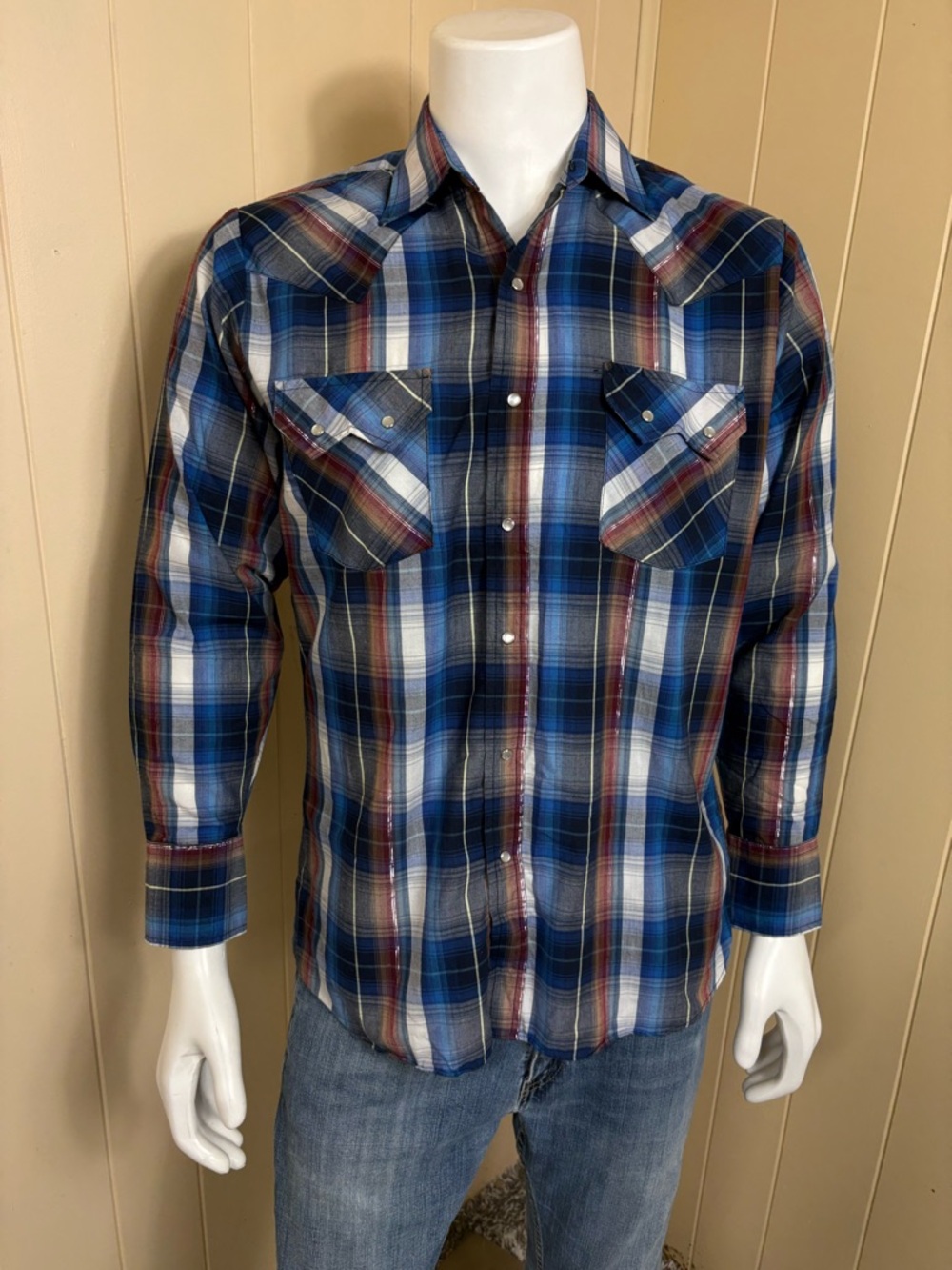 Ely Cattleman Pearl Snap Western Shirt Mens Size M Blue Plaid Long Sleeve Cowboy